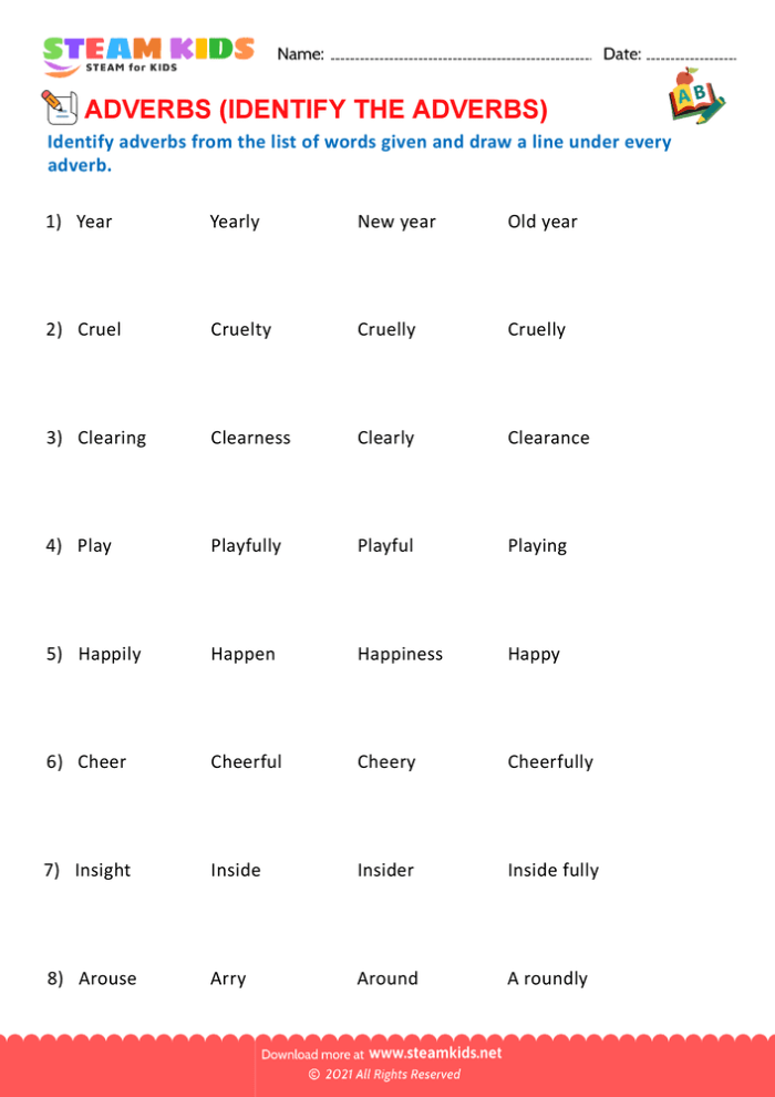 Second grade grammar worksheet showing 10 sentences where students circle adverbs with colorful illustrations and playful text