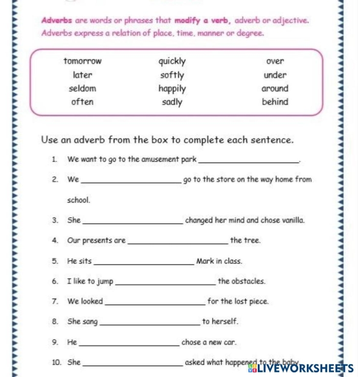 Second grade students circling adverbs in sentences on a grammar practice worksheet