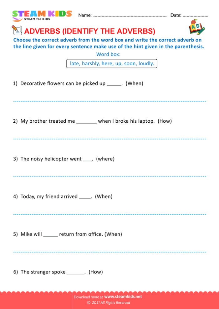 Second grade students circling adverbs in sentences on a grammar practice worksheet with playful illustrations