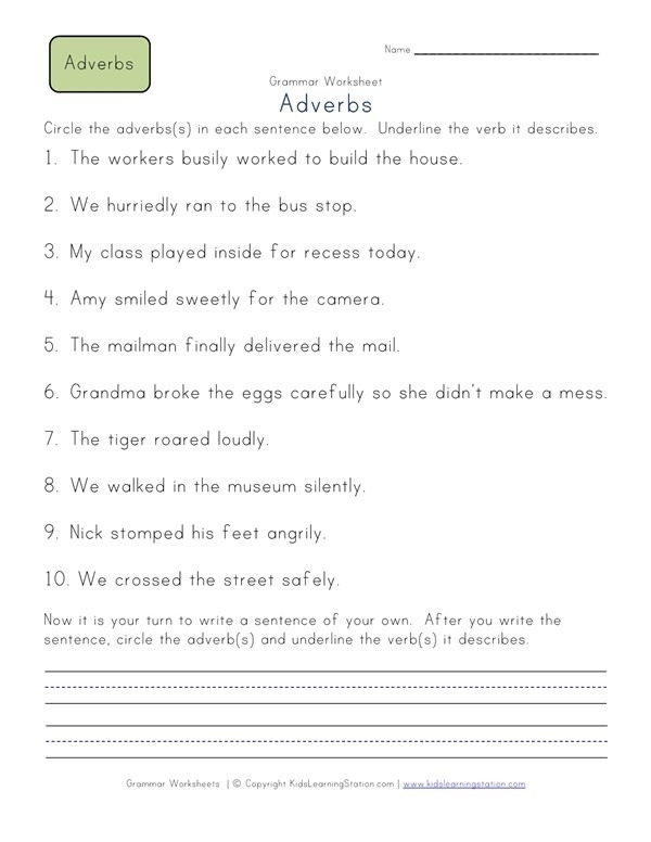 Second grade life science grammar worksheet with 10 sentences for students to practice circling adverbs quickly