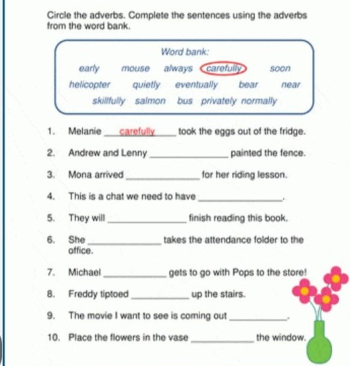 Second grade life science worksheet with ten sentences for identifying and circling adverbs