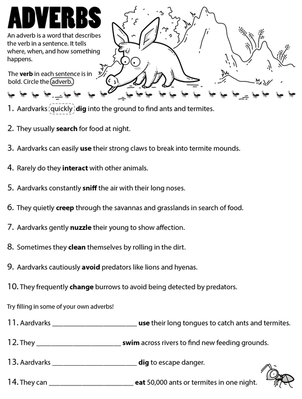 Second grade life science worksheet with ten sentences where students circle the adverbs