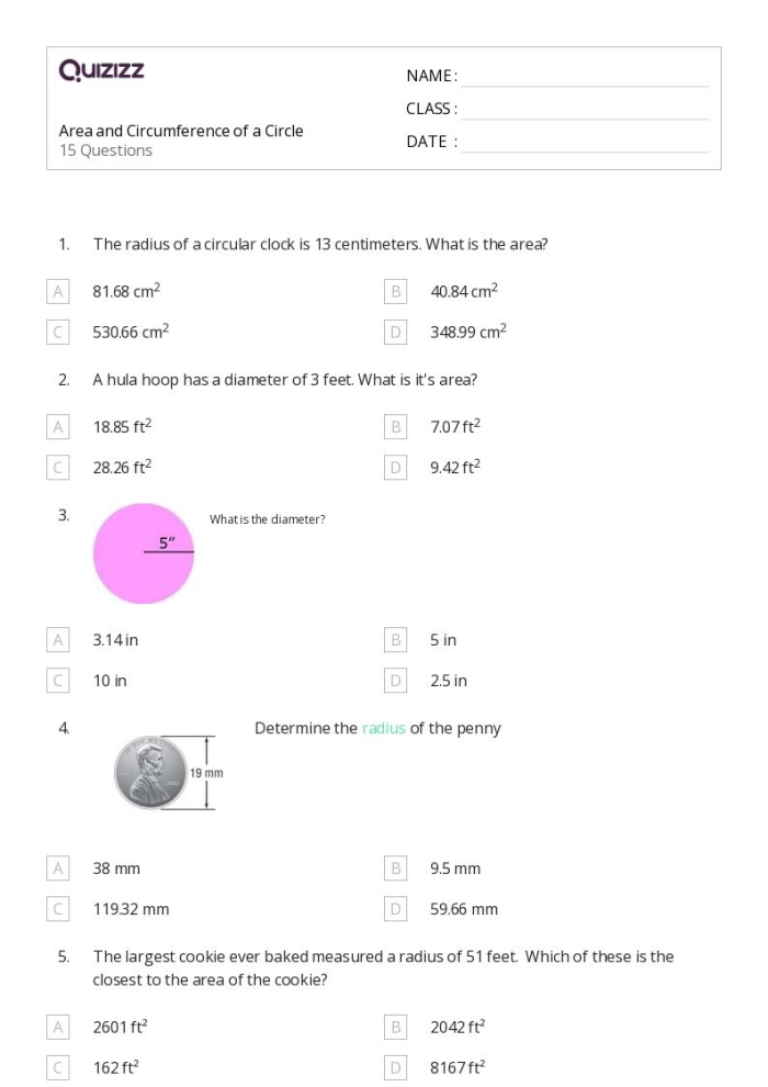 Fifth grade geometry worksheet featuring cookie-themed math problems about circle area and circumference