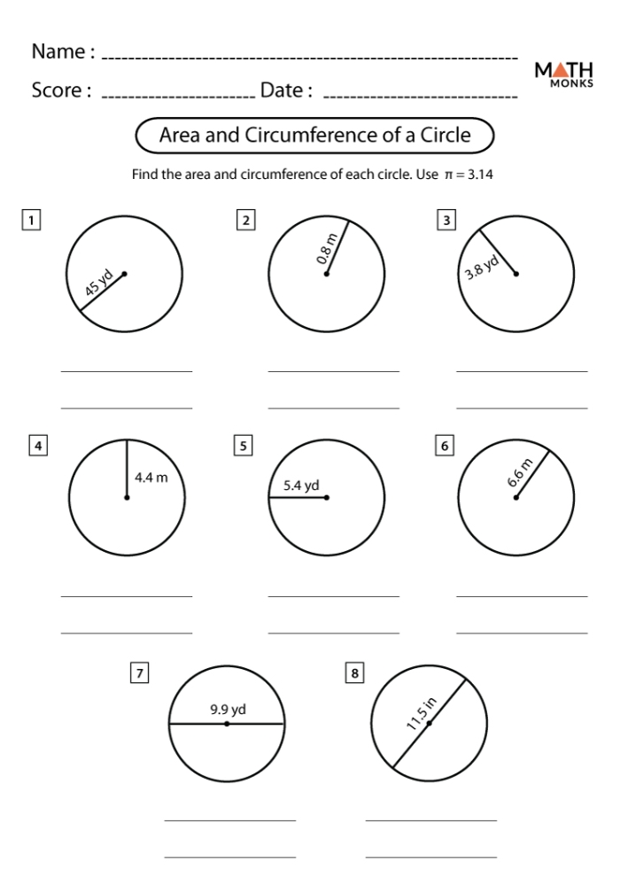 Fifth grade geometry worksheet showing colorful cookies with measurements to calculate area and circumference using circles