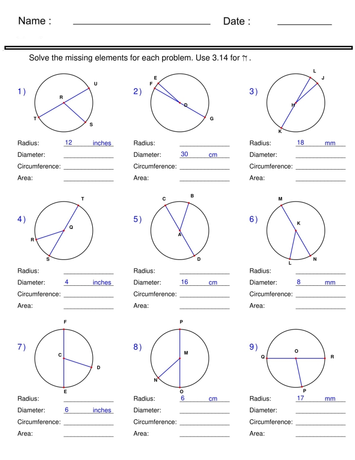 Fifth grade math worksheet featuring geometry problems about measuring circles with a cookie theme
