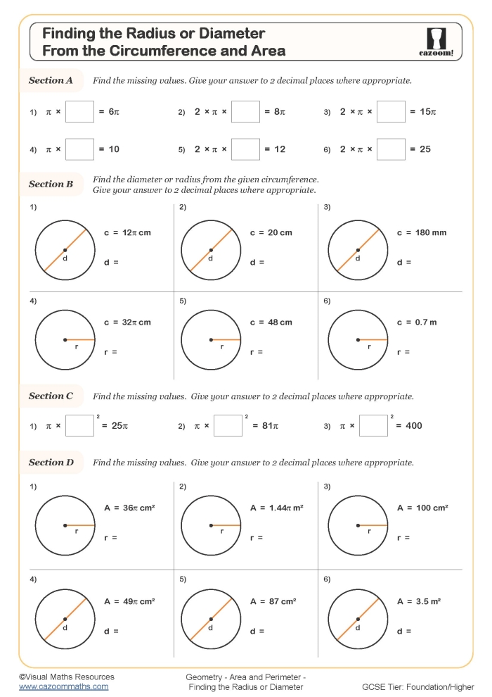 Seventh-grade math worksheet focusing on finding circle areas with Pi Radius Squared Worksheet for calculating the area of circles using Pi Radius Squared for seventh graders