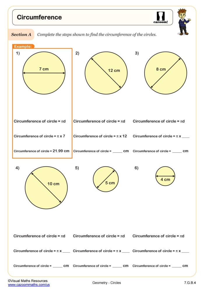 Seventh grade math worksheet featuring geometry problems for calculating circle circumference