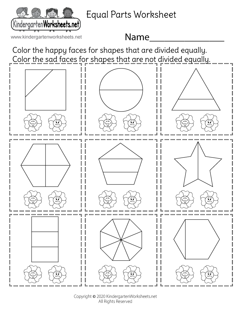 Worksheet for circling equal parts, focusing on halves, thirds, and fourths for second graders. Circle the Equal Parts worksheet for practicing fractions in second grade.