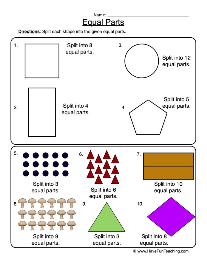 Worksheet for second graders focusing on identifying equal parts like halves, thirds, and fourths. Circle the Equal Parts worksheet for improving fraction skills in young learners.