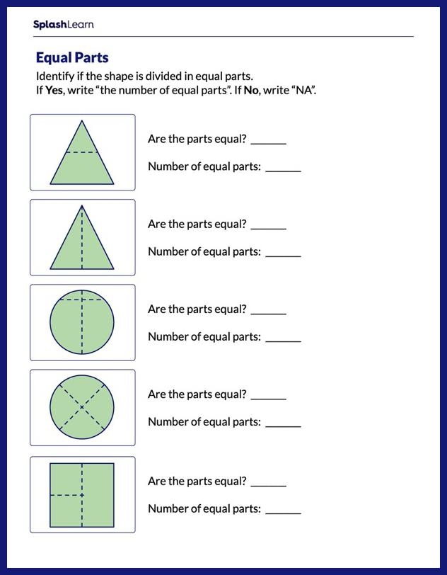 Worksheet for circling equal parts to practice halves, thirds, and fourths