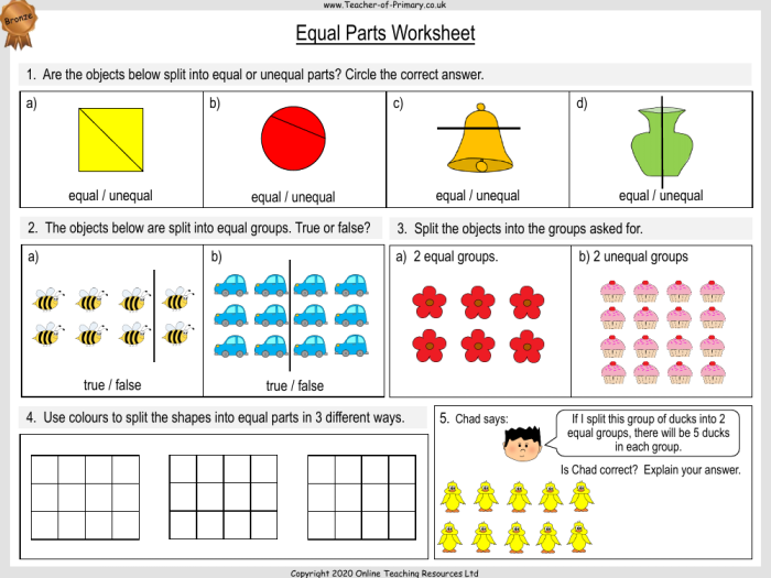 Worksheet for circling equal parts to practice halves, thirds, and fourths for second graders