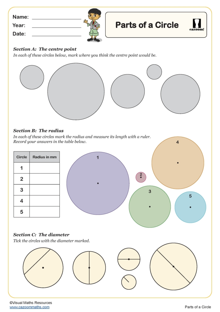 Worksheet for circling equal parts to understand halves, thirds, and fourths