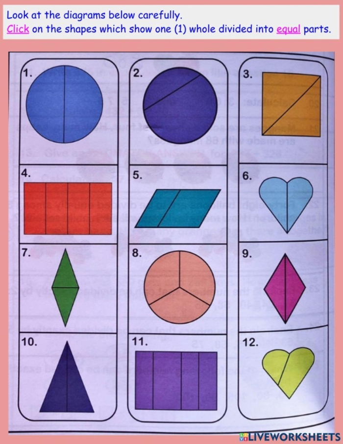 Worksheet featuring the Circle the Equal Parts activity for second graders learning about fractions