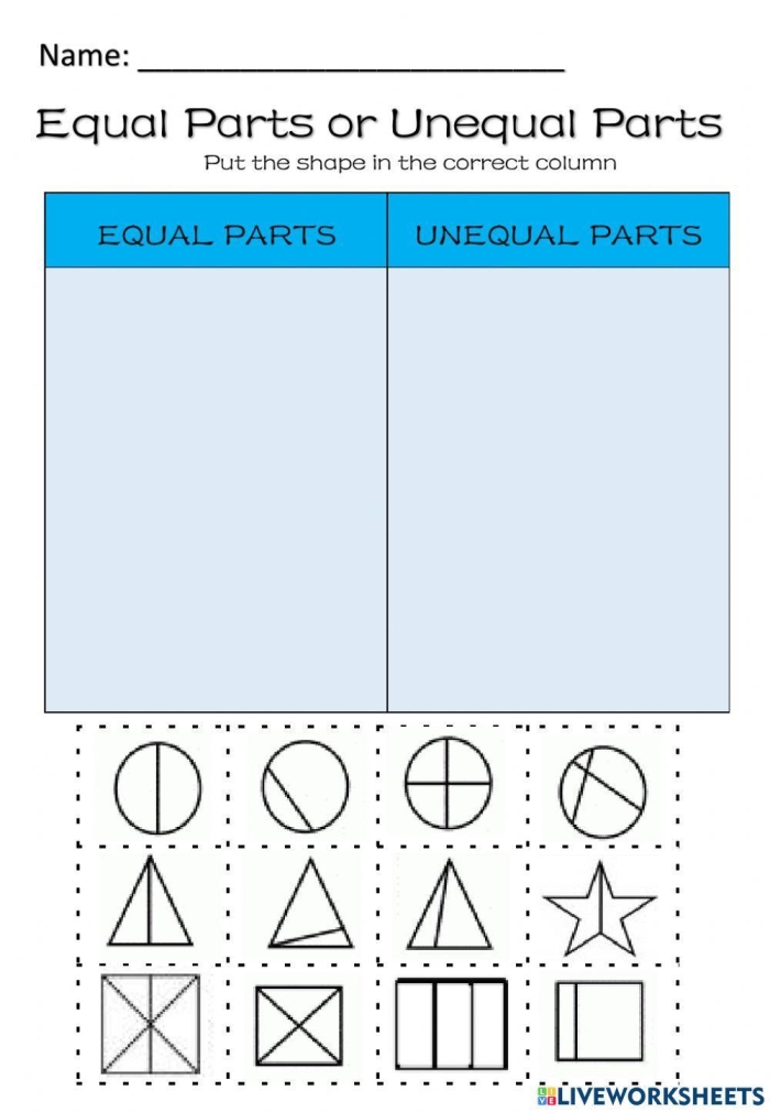 Worksheet featuring a Circle the Equal Parts activity for second graders to practice halves, thirds, and fourths