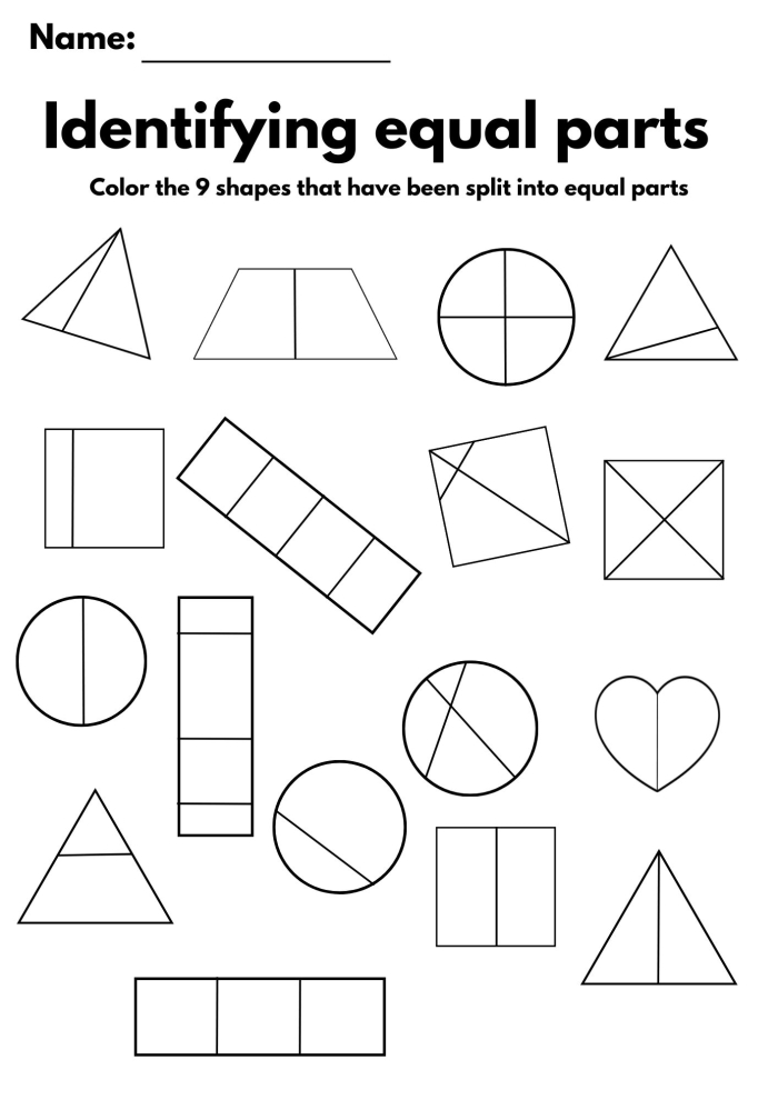 Worksheet for circling equal parts, focusing on halves, thirds, and fourths for second graders