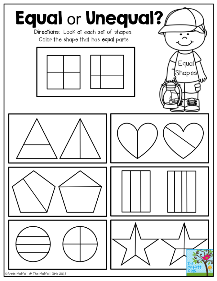 Worksheet for circling equal parts, focusing on halves, thirds, and fourths for second graders