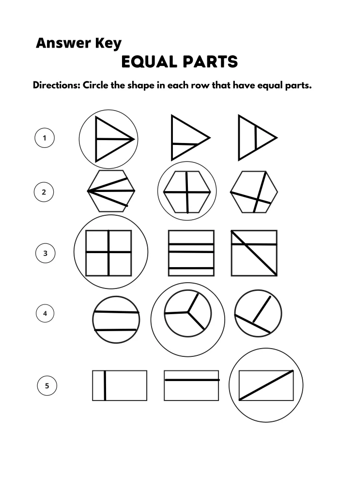 Worksheet for circling equal parts to understand halves, thirds, and fourths
