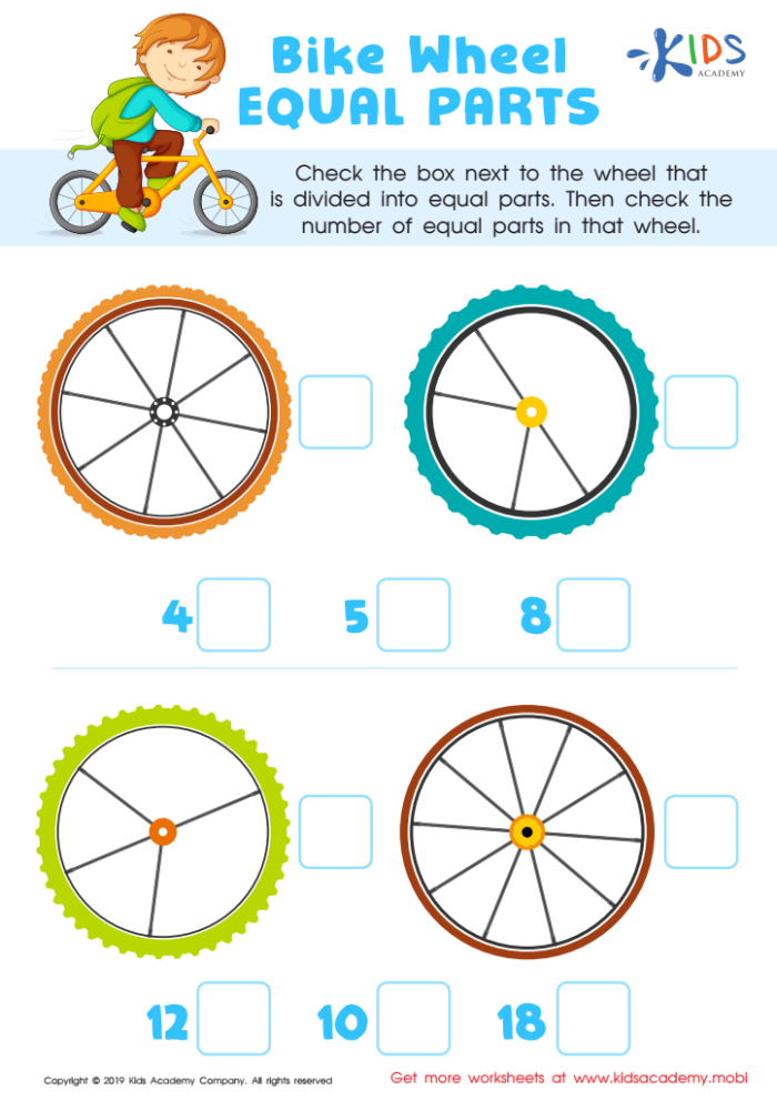Worksheet for circling equal parts, focusing on halves, thirds, and fourths for second graders