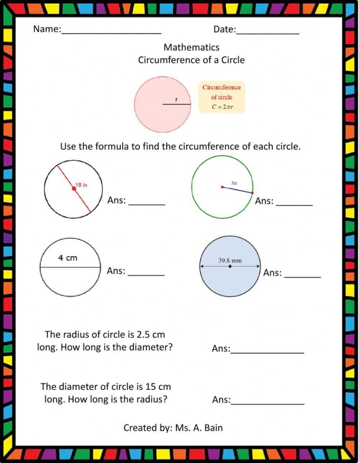 Fifth grade geometry worksheet showing colorful cookies with measurements for calculating area and circumference