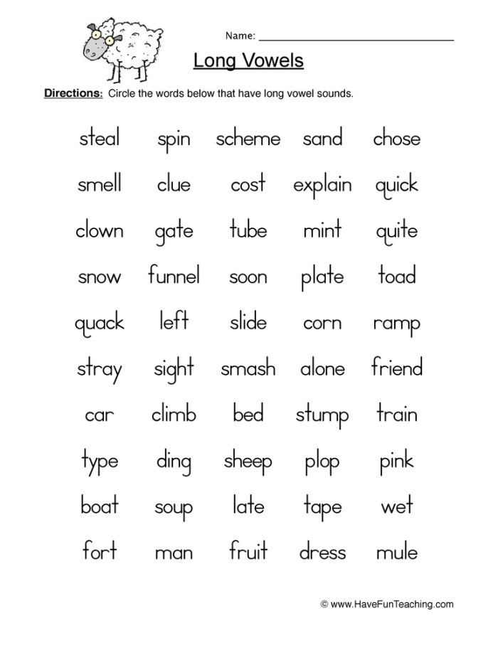 Worksheet image for sorting long vowel sounds in a fun picture activity Circle the Long Vowel worksheet featuring a unicorn and an eagle for kindergarten students