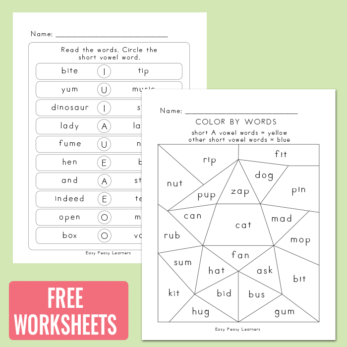 Worksheet featuring short vowel sounds for kindergarten students to circle