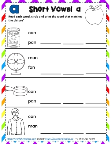 Worksheet featuring short vowel sounds for kindergarten students to circle
