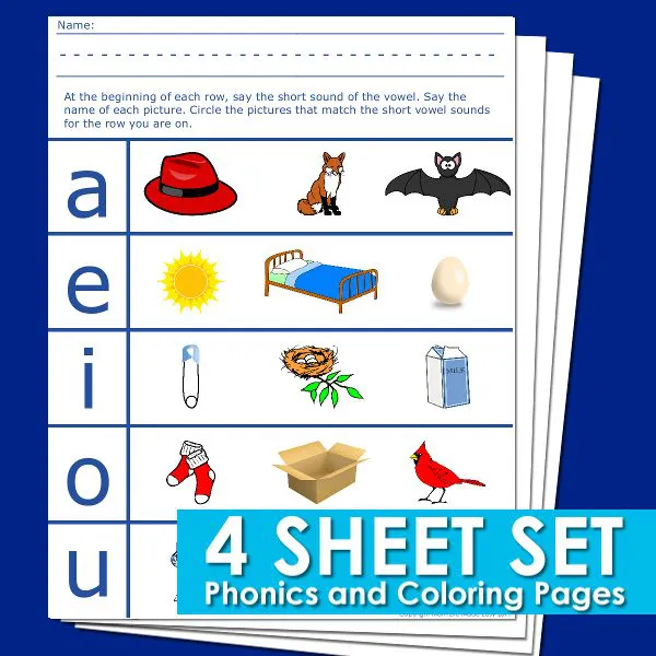 Worksheet for circling short vowel sounds in words for kindergarten students