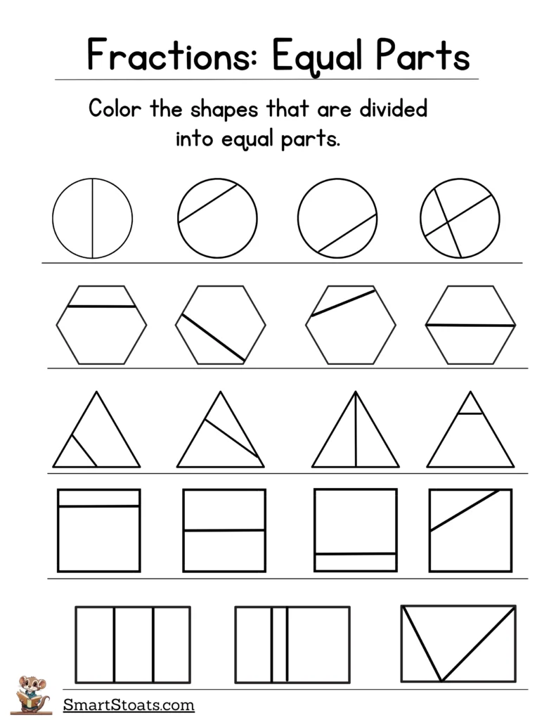 Worksheet featuring the Circle the Equal Parts activity for second graders learning about fractions. Engaging practice for understanding halves, thirds, and fourths.