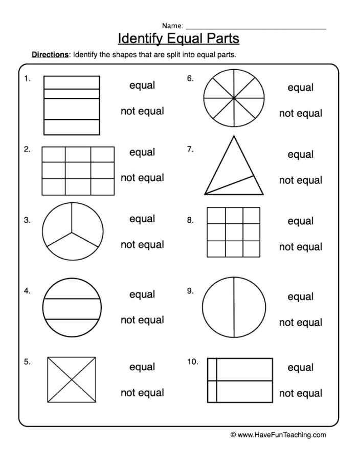 Worksheet featuring a "Circle the Equal Parts" activity for second graders to practice identifying halves, thirds, and fourths. Educational resource for developing fraction understanding in young learners.