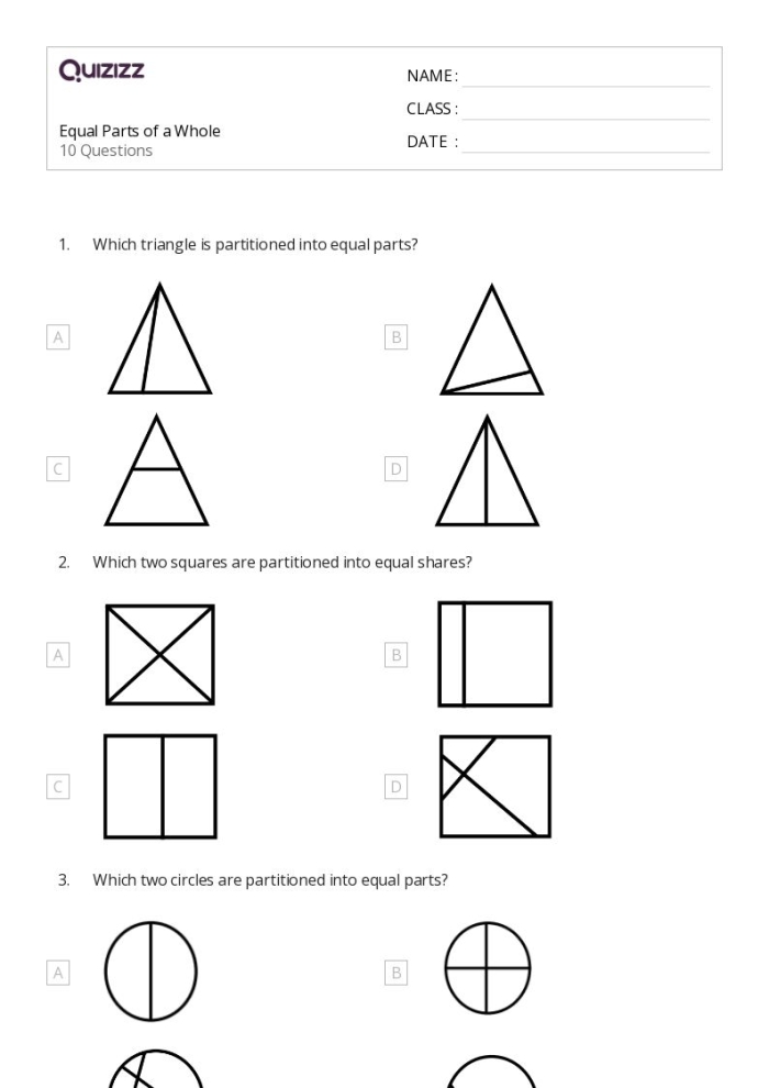Worksheet featuring a Circle the Equal Parts activity for second graders focusing on halves, thirds, and fourths