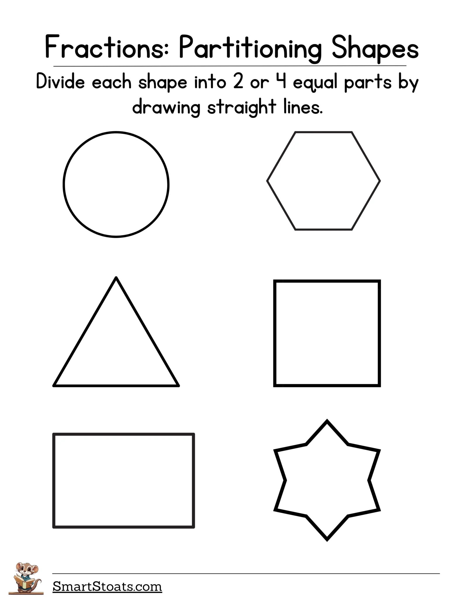 Worksheet featuring equal parts for second graders to practice halves, thirds, and fourths