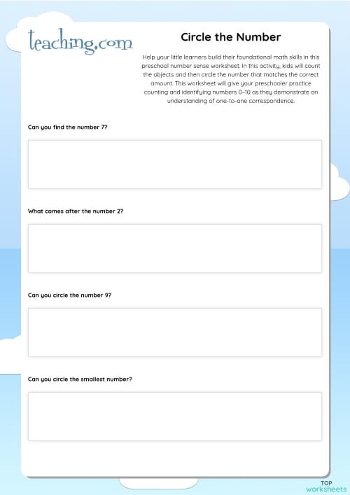 Pre-K worksheet showing numbers 0 to 10 for students to identify and circle