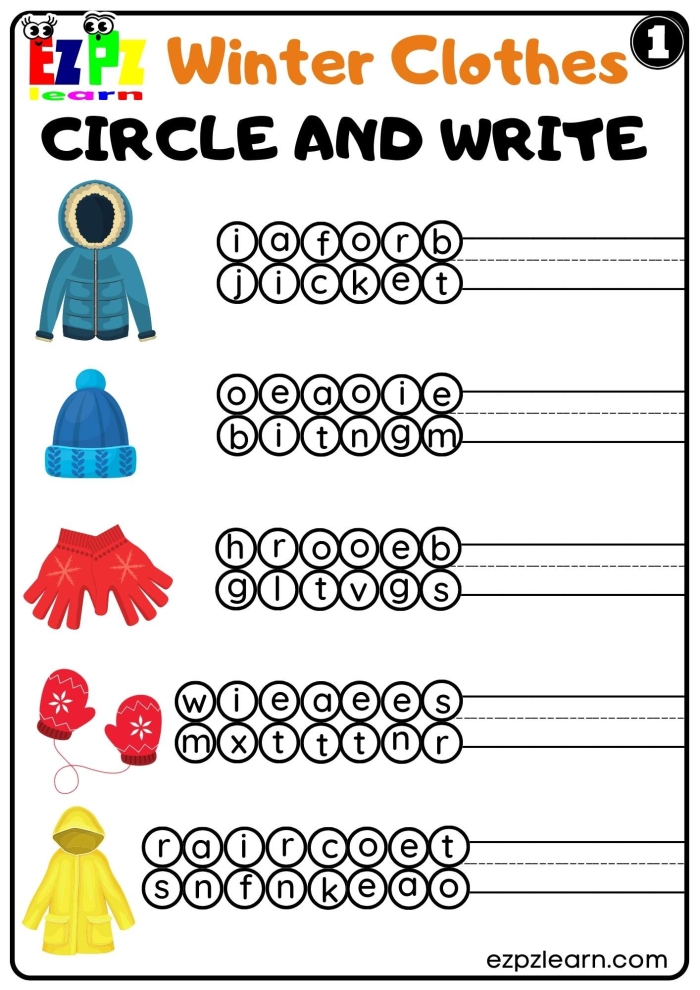Winter clothes worksheet featuring items to circle for Pre-K students