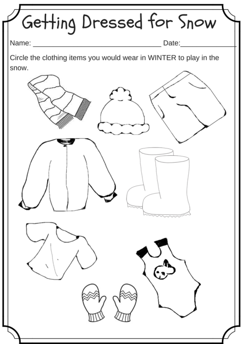 Colorful worksheet for kids to circle winter clothing items