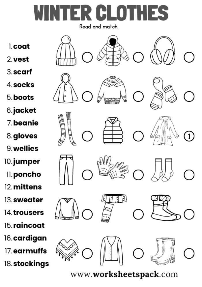 Children's worksheet featuring winter clothing items to be circled