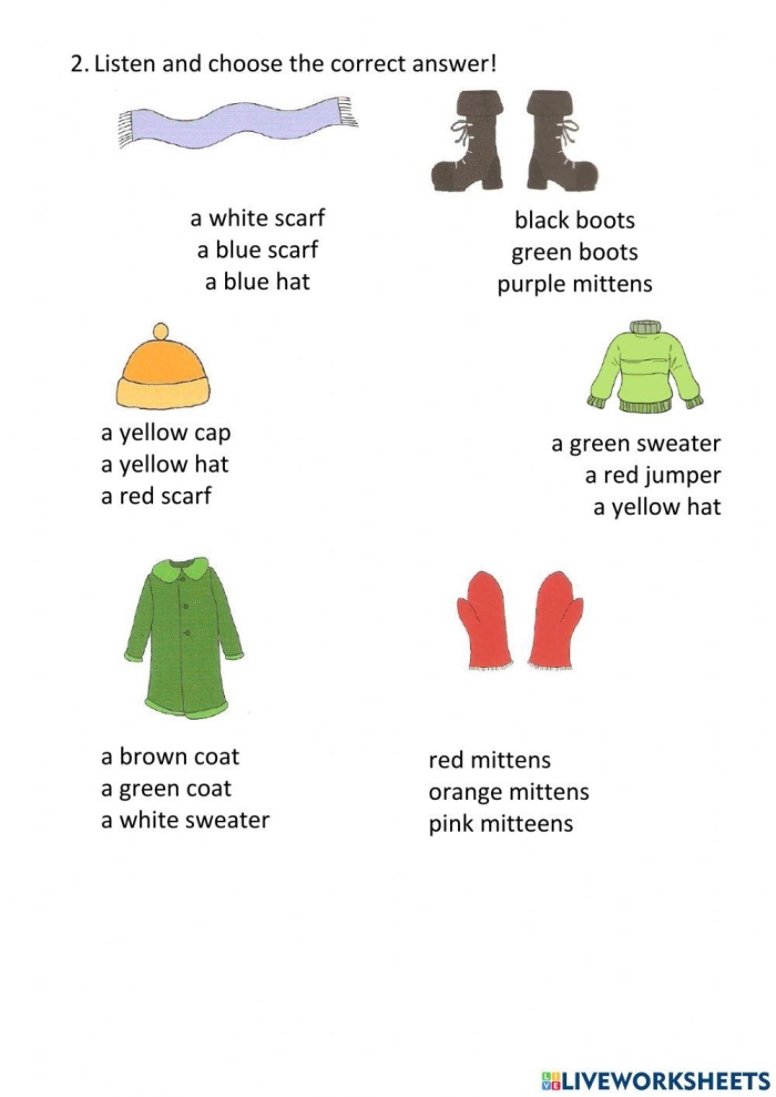 Children's worksheet for identifying and circling winter clothing items