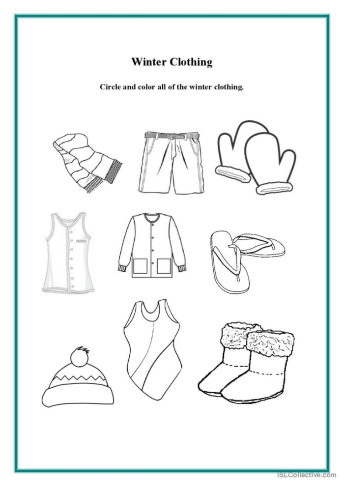 Worksheet featuring winter clothes for kids to circle