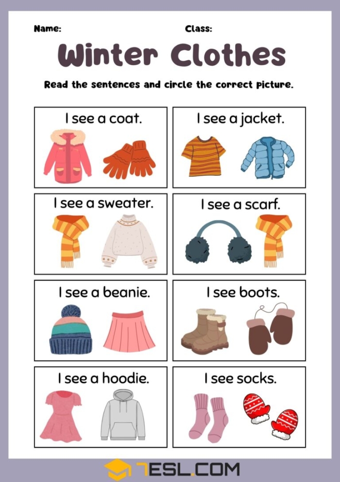 Worksheet featuring winter clothing items to circle for Pre-K students