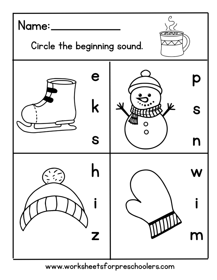 Children's worksheet for identifying and circling winter clothing items