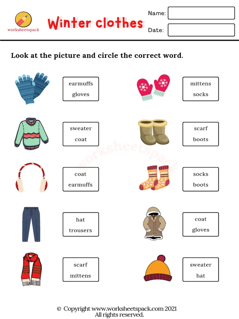 Worksheet featuring various winter clothing items for kids to circle