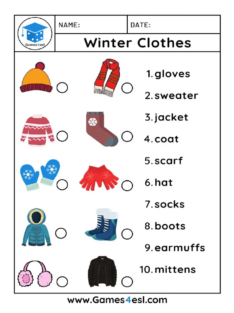 Kids' worksheet featuring winter clothing items to circle and identify