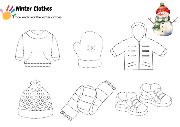 Children's worksheet featuring winter clothing items to circle