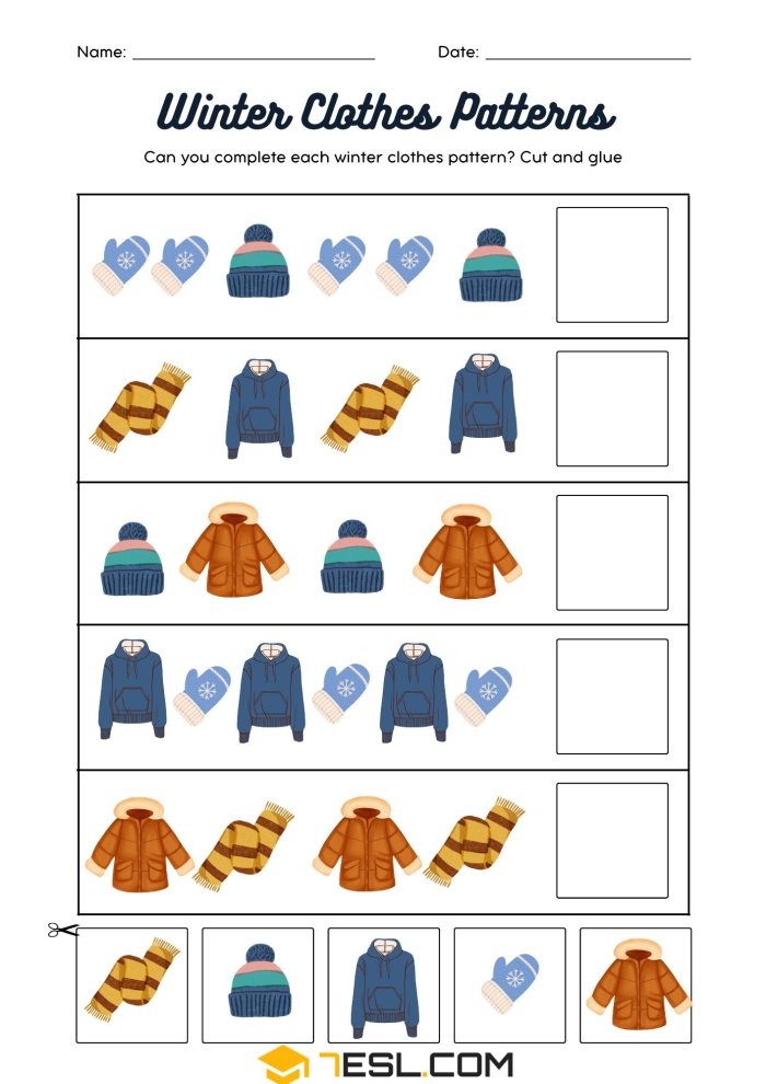 Children's worksheet featuring winter clothing items to circle