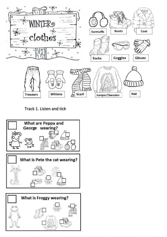 Children's worksheet featuring winter clothes to circle