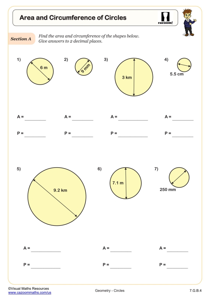 Worksheet for calculating the circumference of circles aimed at seventh-grade students