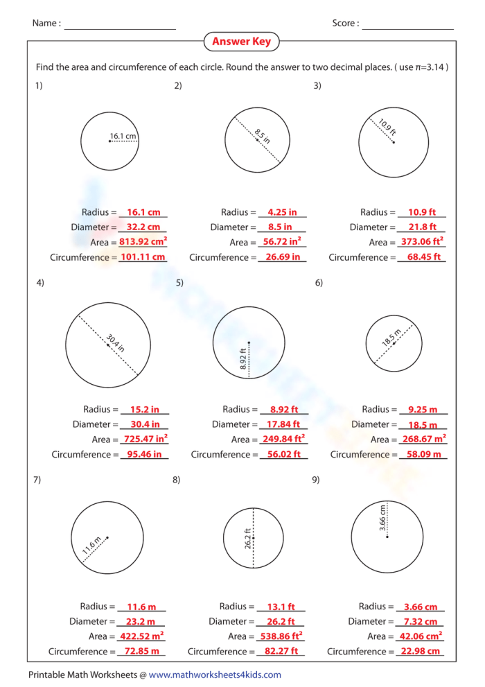 Seventh grade math worksheet featuring practice problems on calculating the circumference of circles
