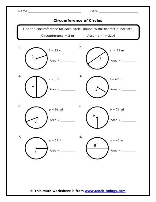 Seventh-grade math worksheet focused on calculating the circumference of circles