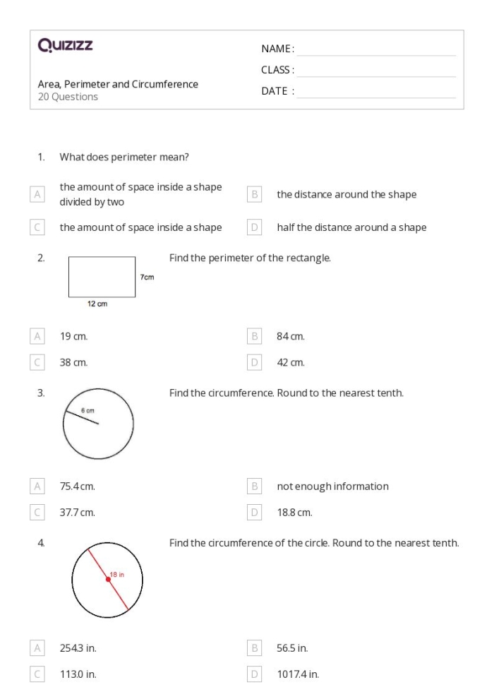 Circumference of circles worksheet for seventh-grade math students