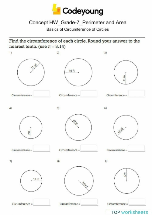 Seventh grade math worksheet focusing on calculating the circumference of circles for alphabet learning