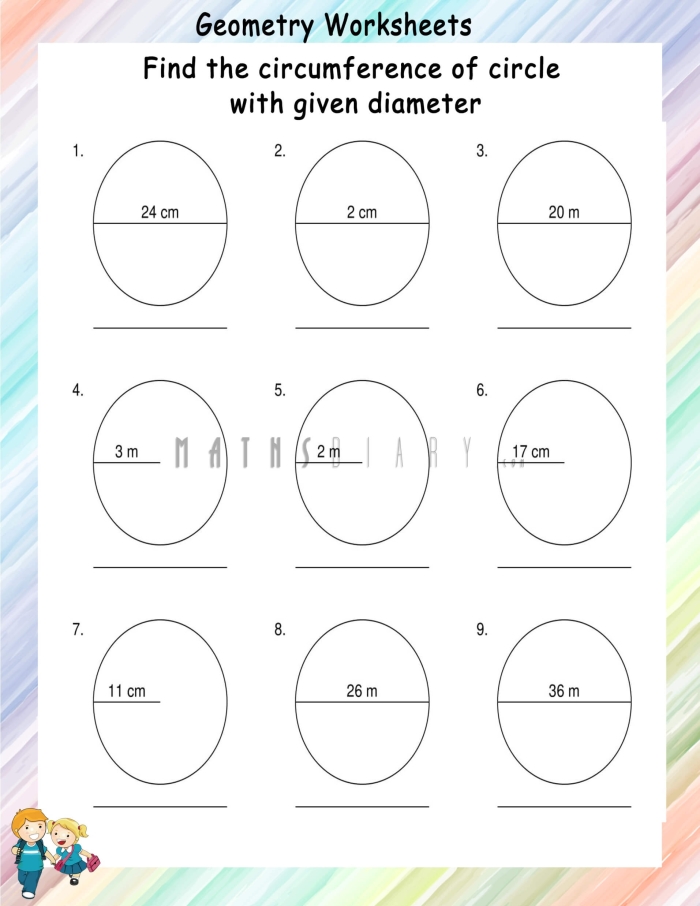Seventh grade math worksheet featuring practice problems for calculating the circumference of circles